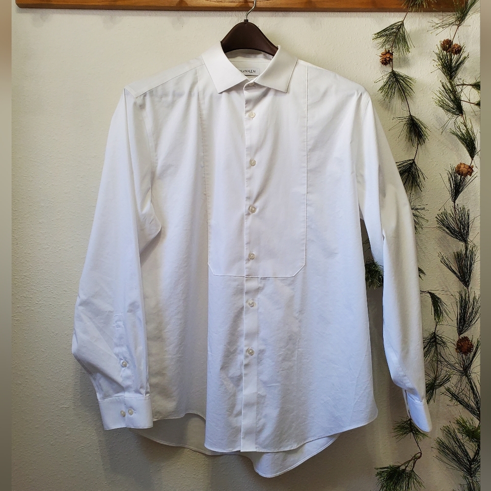 CK Calvin Klein White Tuxedo Shirt French Cuffs Bib Front Formal - Picture 4 of 11